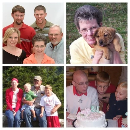 Four-photo family collage of Lisa Martz with loved ones, including a puppy and a family birthday celebration.